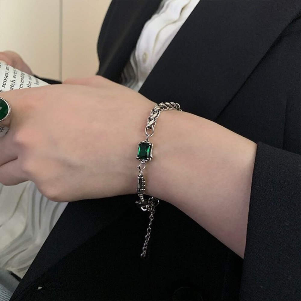 NEW Silver Vintage Green Square Zircon Thick Thain Bracelet - Picture 4 of 7